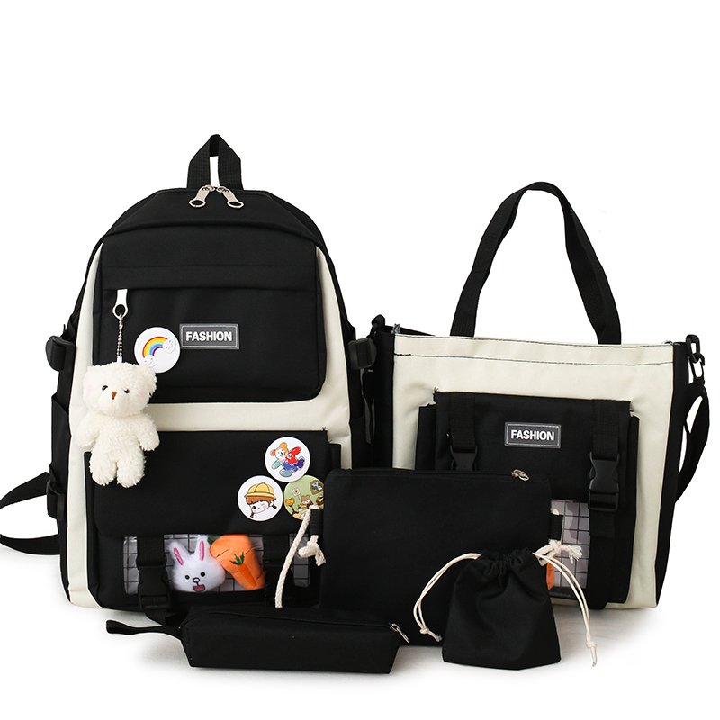 5 Pcs/Set Women Laptop Backpack Canvas School Bags For Teenage Girls Kawaii College Student Kids Book Bag Rucksack