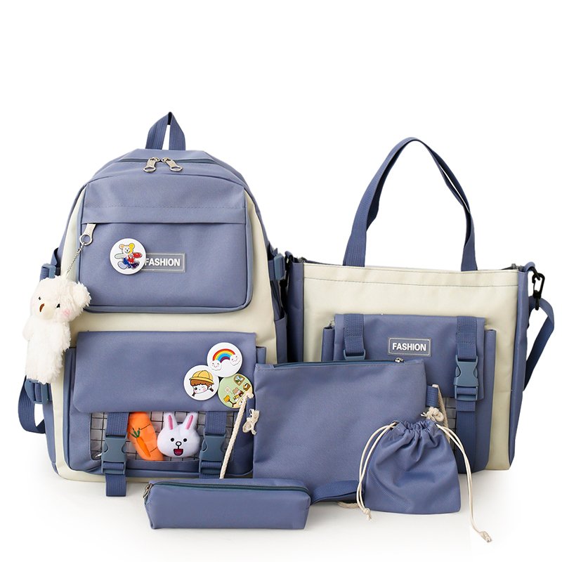 5 Pcs/Set Women Laptop Backpack Canvas School Bags For Teenage Girls Kawaii College Student Kids Book Bag Rucksack