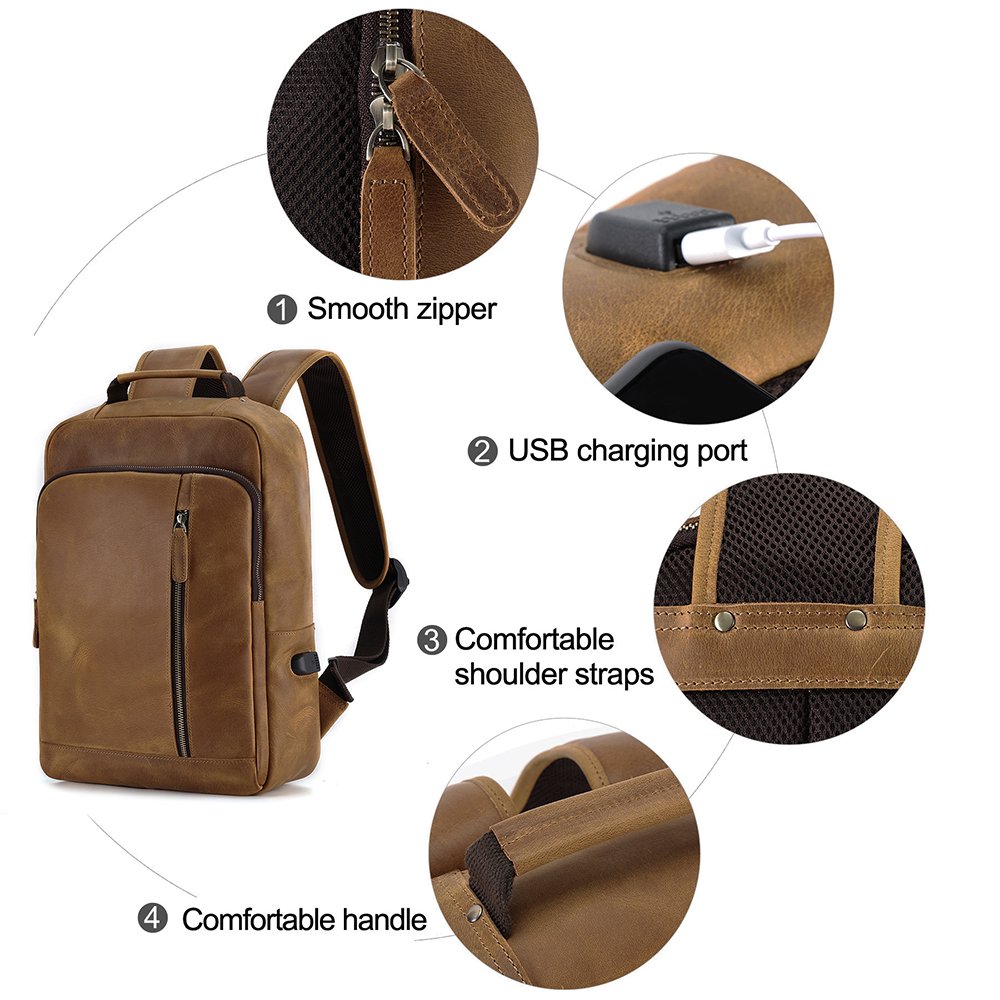 Wholesale Custom School Travel Business Men's Backpacks Bags Genuine Leather Laptop Backpack with USB Charger