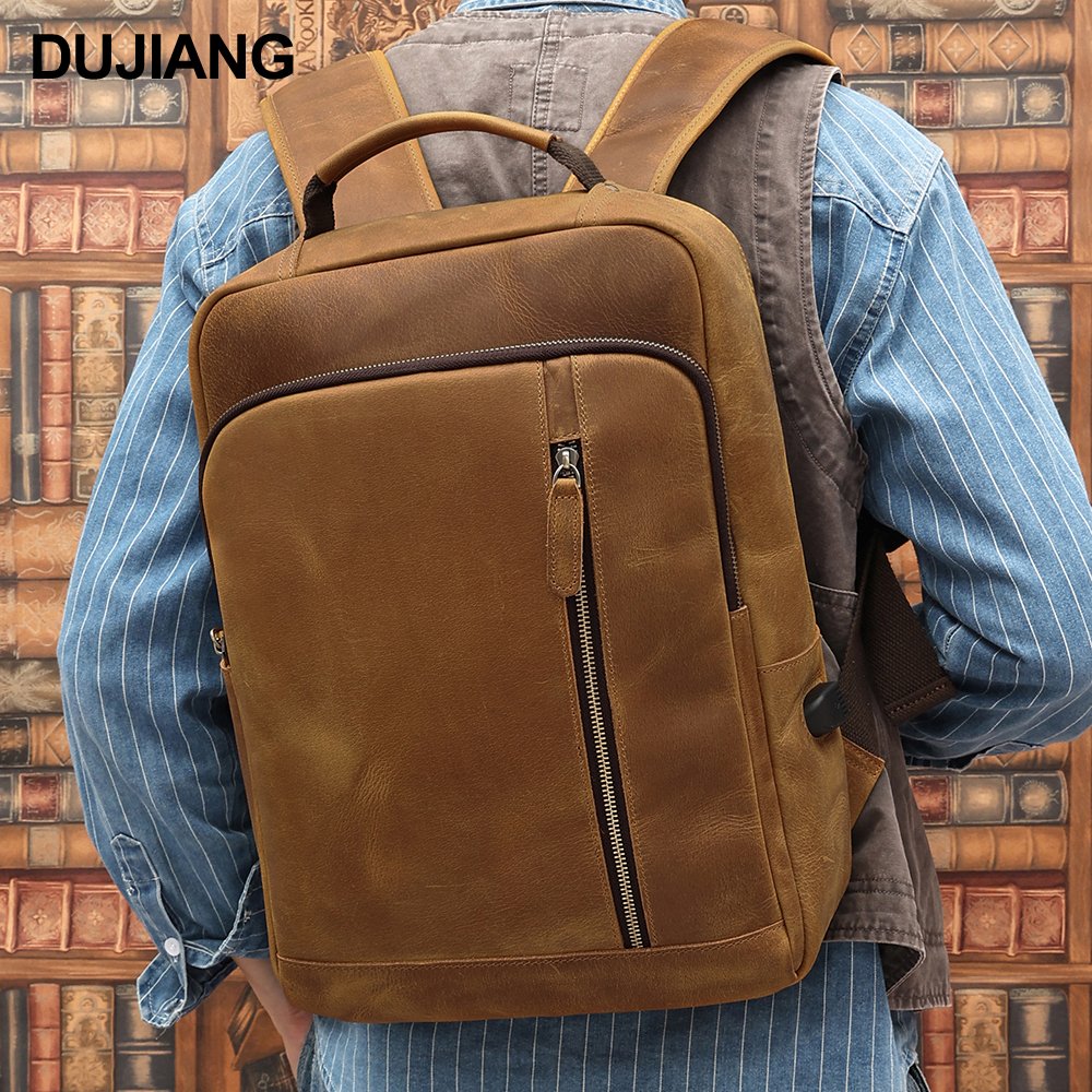 Wholesale Custom School Travel Business Men's Backpacks Bags Genuine Leather Laptop Backpack with USB Charger