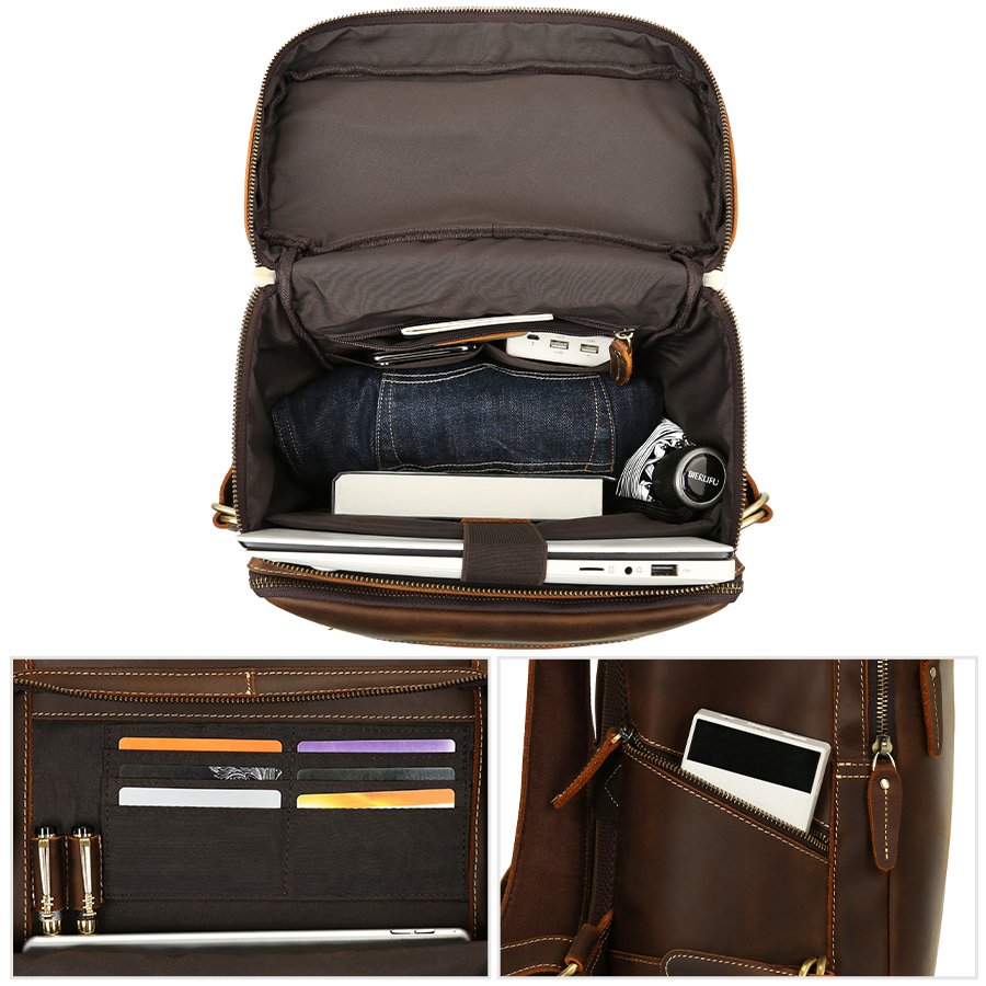 2024 Custom Vintage Cowhide Travel Laptop Handmade Business Work Bag Crazy Horse Leather BackPack Men Genuine Leather Backpack