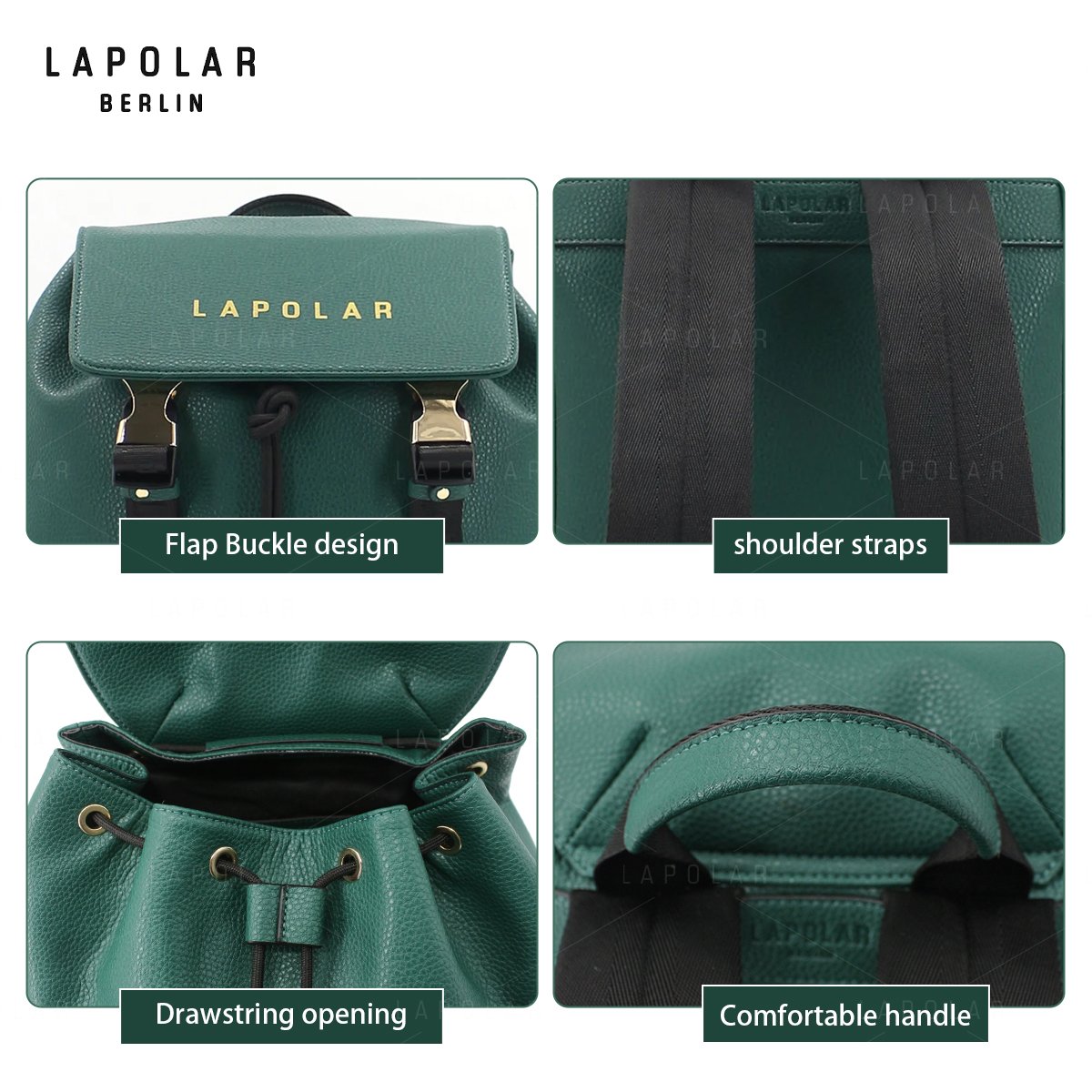LAPOLAR Luxury Style Vegan Pu Leather Travel Business Waterproof Material School Leather Laptop Backpacks For Women