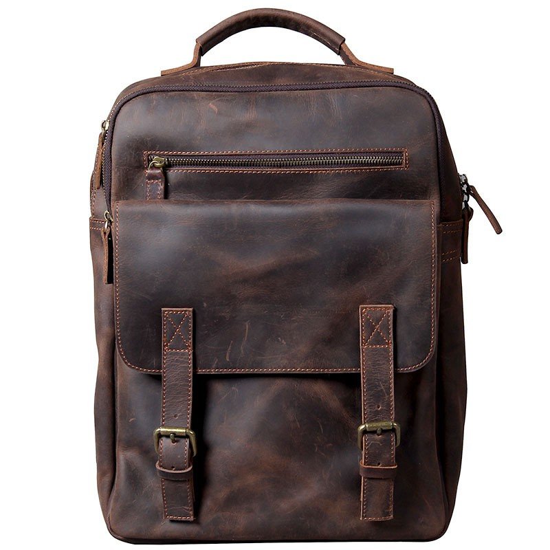 2023 new Leisure vintage Men's Genuine Leather Brown 15.6 inch Large capacity backpack laptop bag