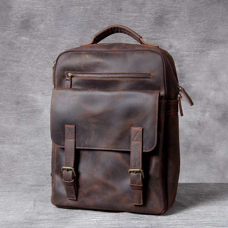 2023 new Leisure vintage Men's Genuine Leather Brown 15.6 inch Large capacity backpack laptop bag