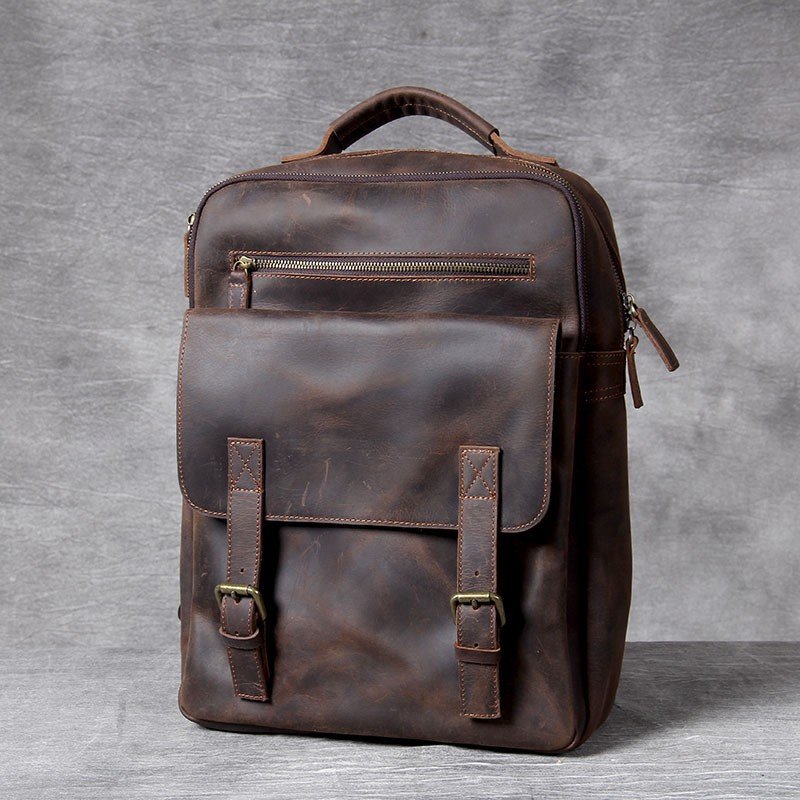 2023 new Leisure vintage Men's Genuine Leather Brown 15.6 inch Large capacity backpack laptop bag
