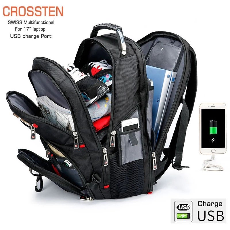 Crossten Durable 17 Inch Laptop Backpack 45L Travel Bag College Bookbag USB Charging Port Water ResistantSwiss-Multifunctional
