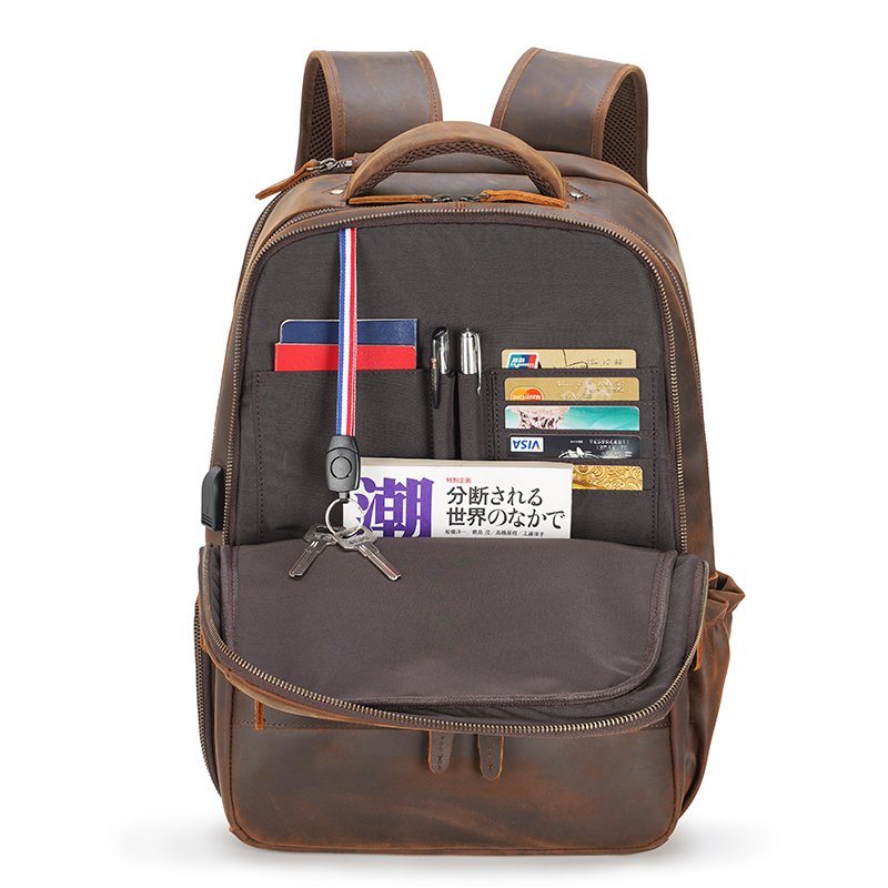 High Quality Hot Sale Vintage Design Full Grain Cow Hide Genuine Leather Laptop Bag Real Leather Business Backpack Men With USB