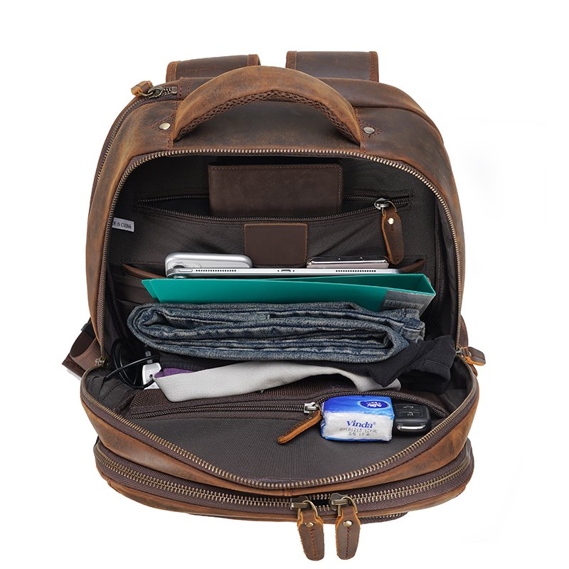 High Quality Hot Sale Vintage Design Full Grain Cow Hide Genuine Leather Laptop Bag Real Leather Business Backpack Men With USB