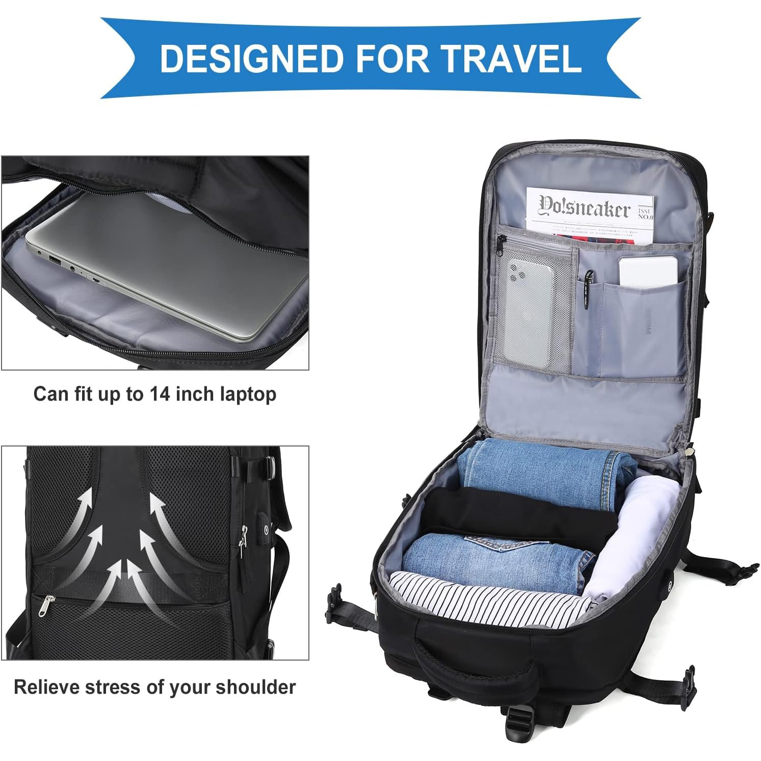 Large Capacity Airplane Cabin Backpack USB Charger Travel Laptop Backpack 2024 Thread Zipper Bag Waterproof Bag Polyester Unisex