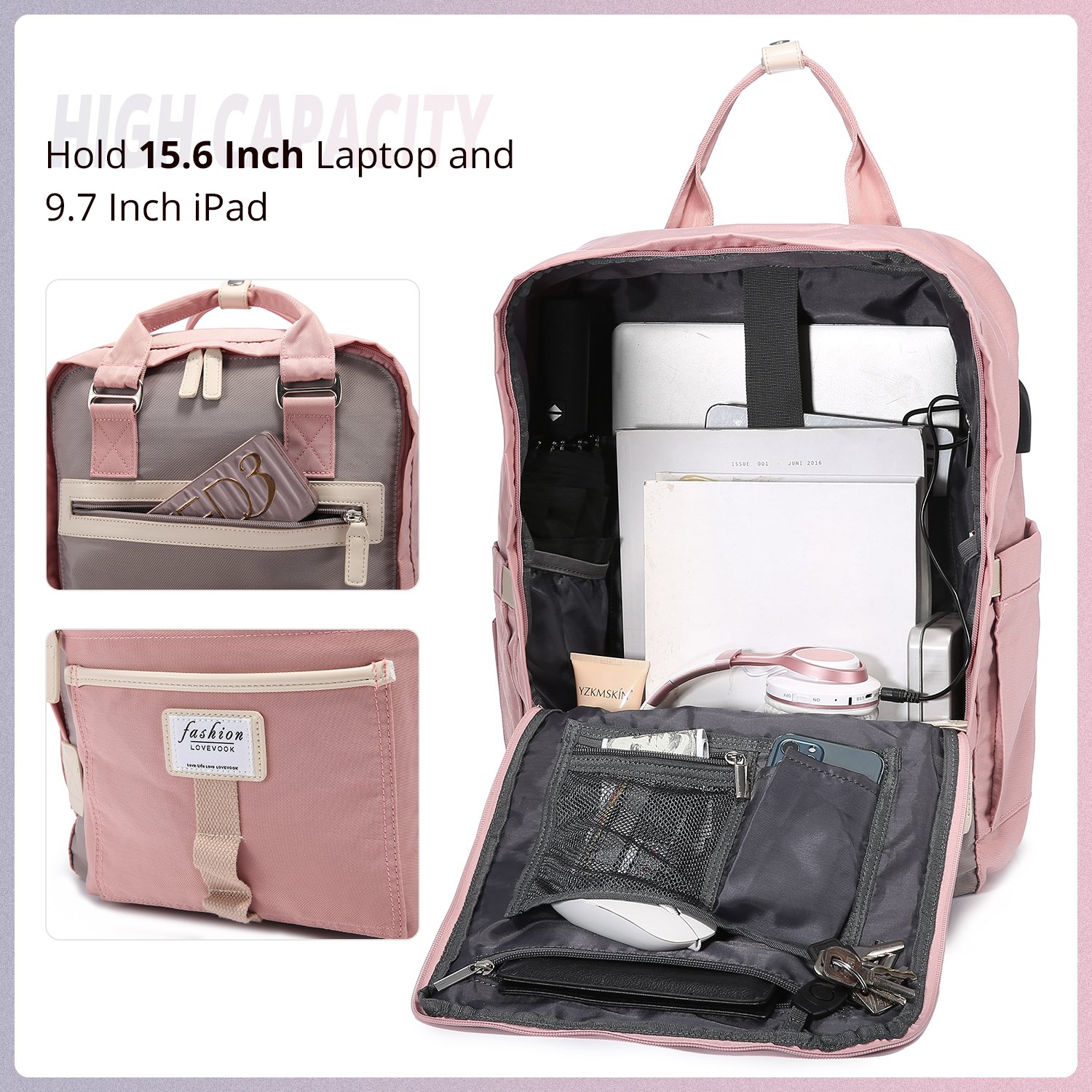 LOVEVOOK 2022 Backpack for Women 15.6 Inch Waterproof Work Backpack Cute Computer Bookbags with USB Women's Laptop Backpacks