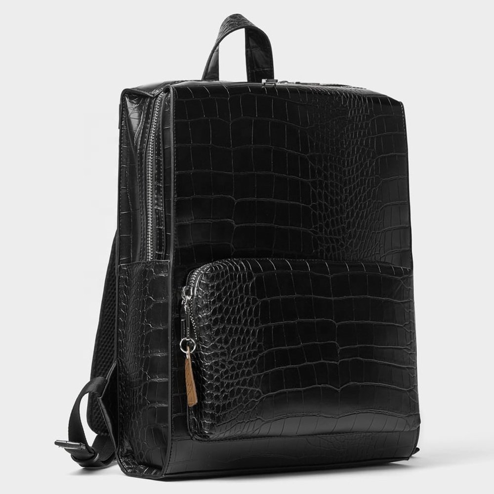 Custom Logo Crocodile Vegan Leather Black Mens Laptop Backpack Fashion Bagpack School Bookbag Travel Backpack For Men