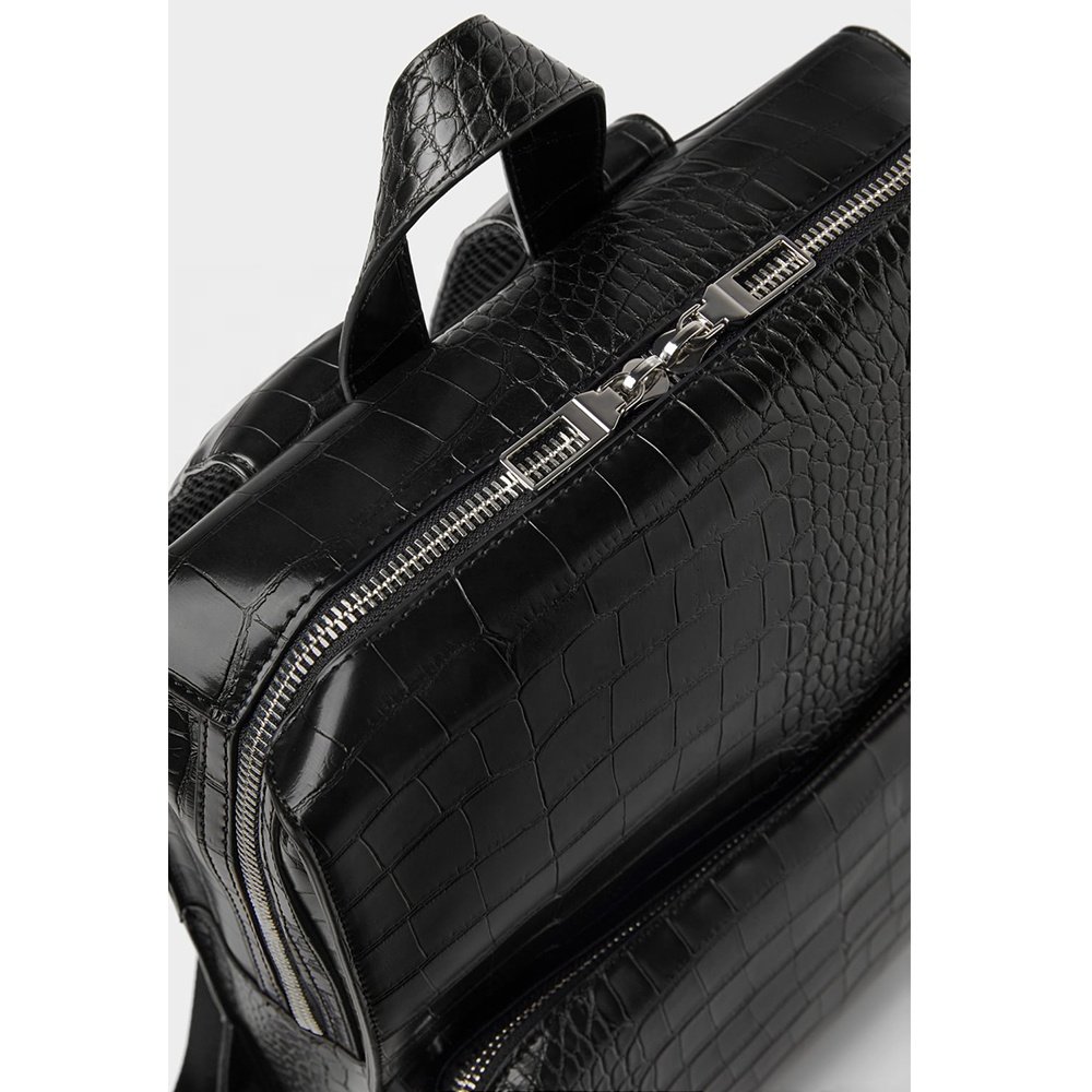 Custom Logo Crocodile Vegan Leather Black Mens Laptop Backpack Fashion Bagpack School Bookbag Travel Backpack For Men
