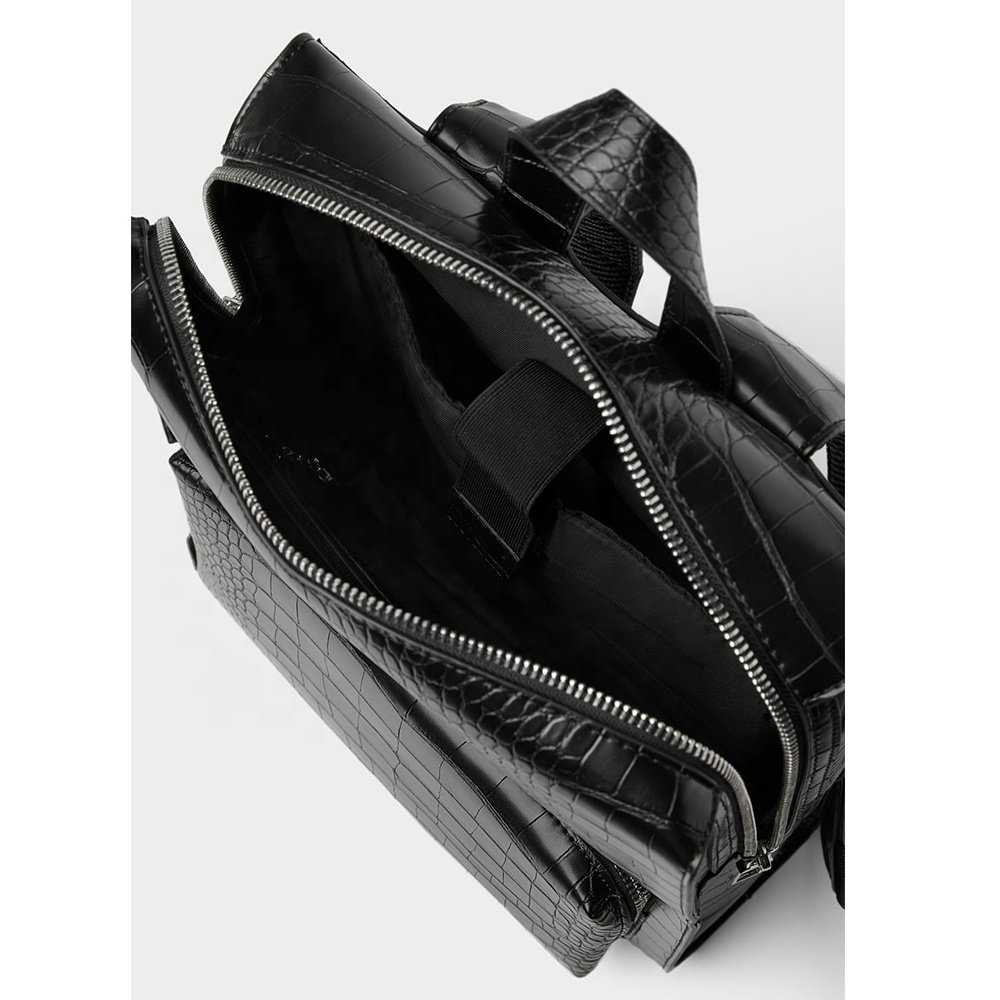 Custom Logo Crocodile Vegan Leather Black Mens Laptop Backpack Fashion Bagpack School Bookbag Travel Backpack For Men