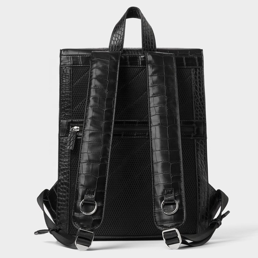 Custom Logo Crocodile Vegan Leather Black Mens Laptop Backpack Fashion Bagpack School Bookbag Travel Backpack For Men
