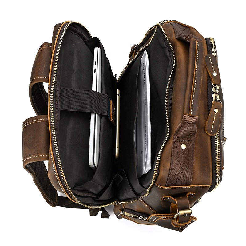 Large Capacity Vintage School Gym Bag Men Genuine Leather Laptop Backpack For Travel Outdoor