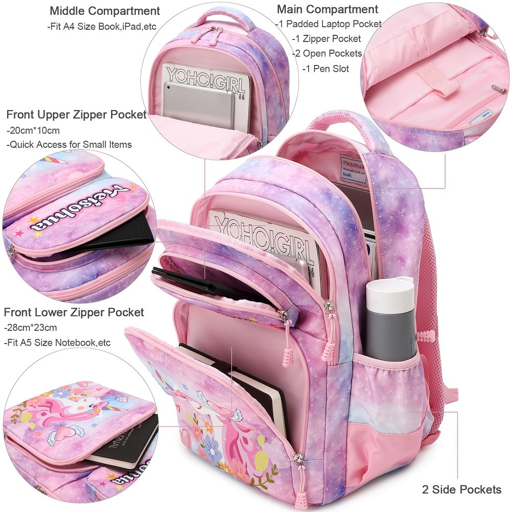 Multi Color 3 In 1 Student Backpack Set Waterproof Lightweight Girl Unicorn Backpack