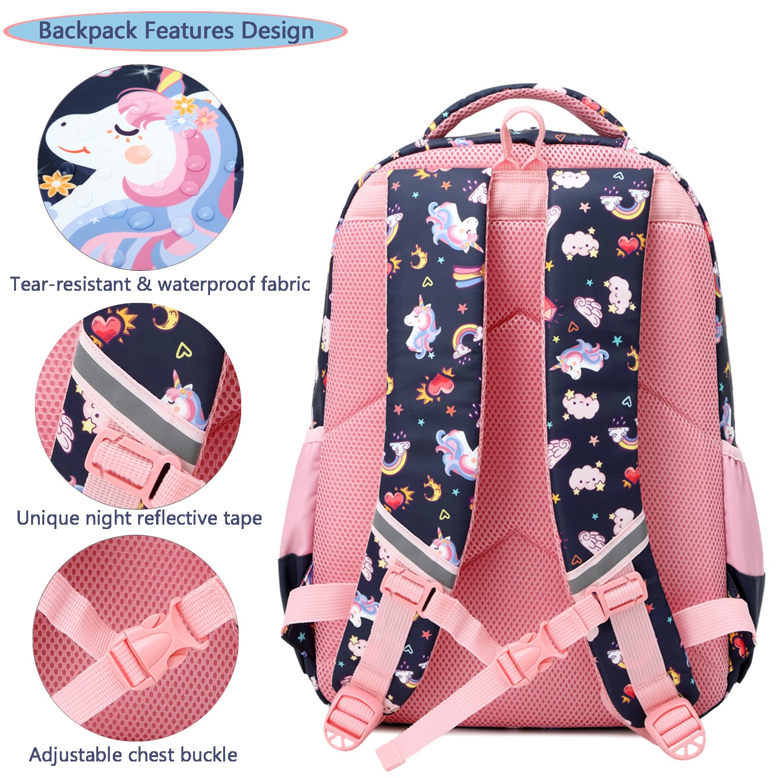 Multi Color 3 In 1 Student Backpack Set Waterproof Lightweight Girl Unicorn Backpack
