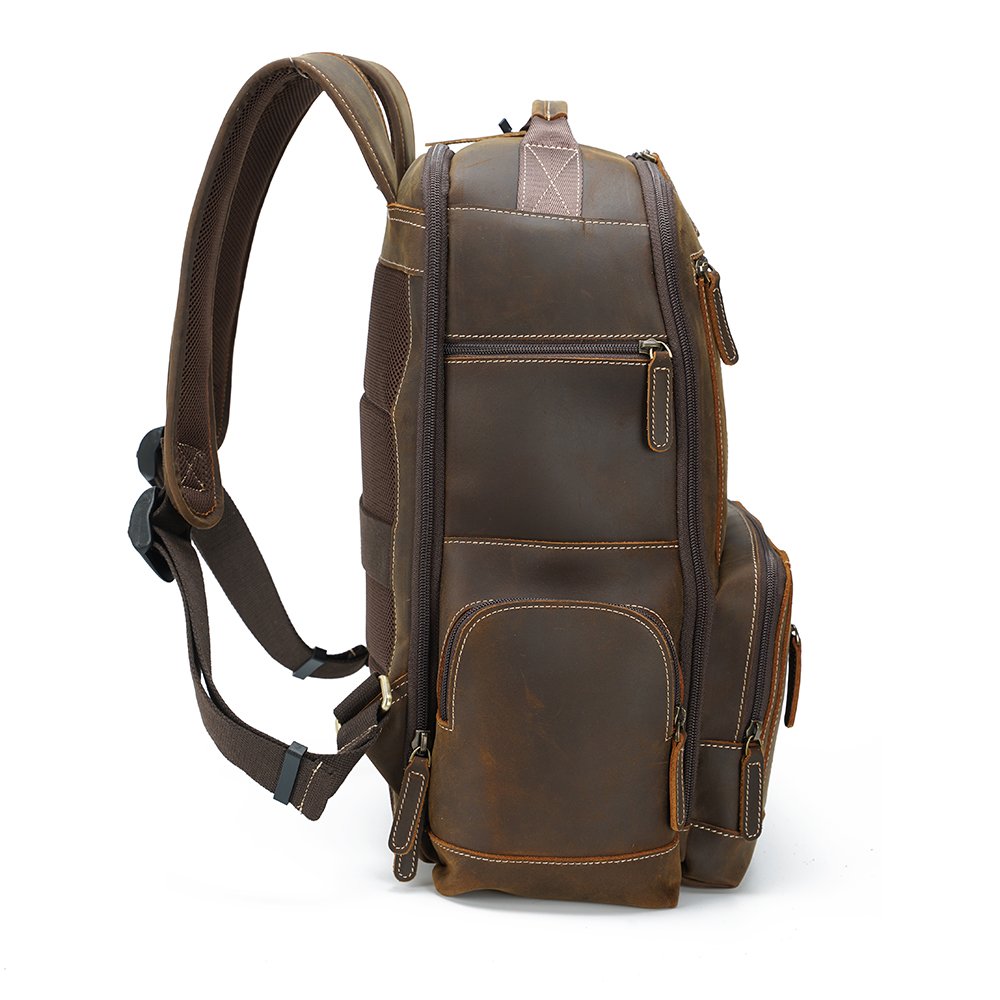 Custom Dark Brown Full Grain Crazy Horse Genuine Leather Cow Backpack Bag Men Vintage 15.6 inches Laptop Backpack