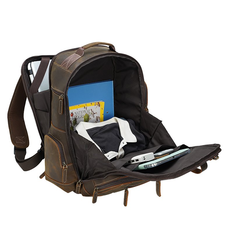 Custom Dark Brown Full Grain Crazy Horse Genuine Leather Cow Backpack Bag Men Vintage 15.6 inches Laptop Backpack