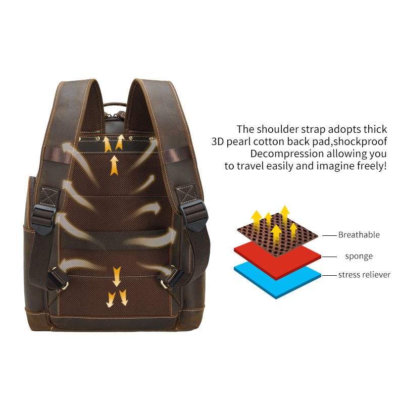 Custom Dark Brown Full Grain Crazy Horse Genuine Leather Cow Backpack Bag Men Vintage 15.6 inches Laptop Backpack