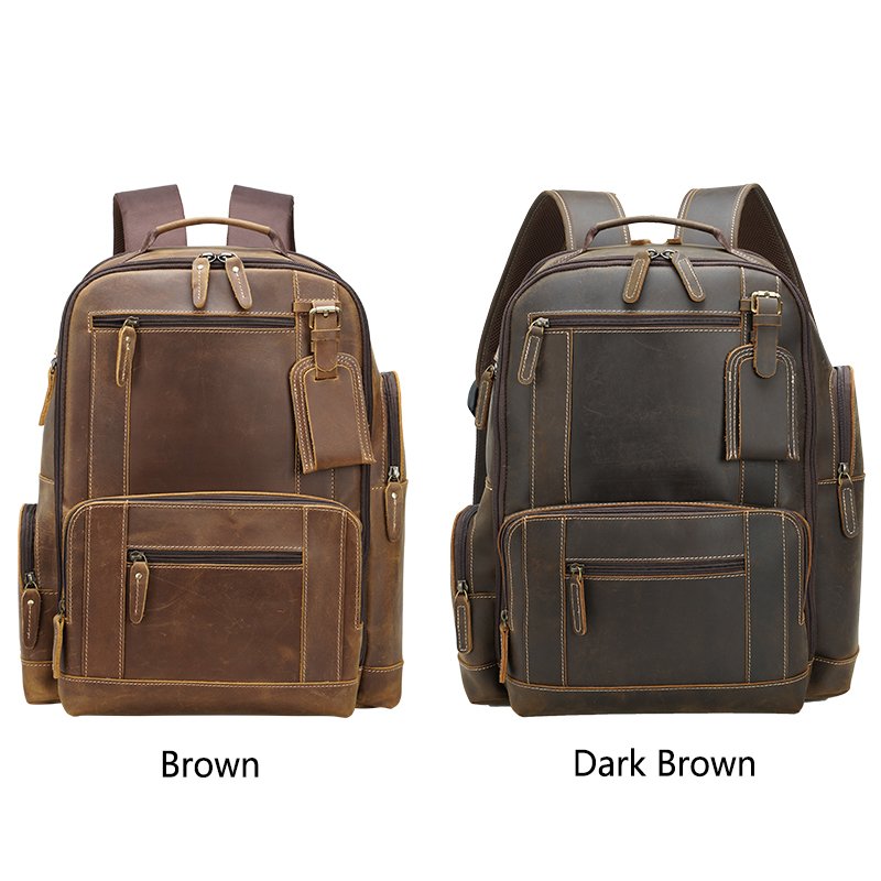Custom Dark Brown Full Grain Crazy Horse Genuine Leather Cow Backpack Bag Men Vintage 15.6 inches Laptop Backpack