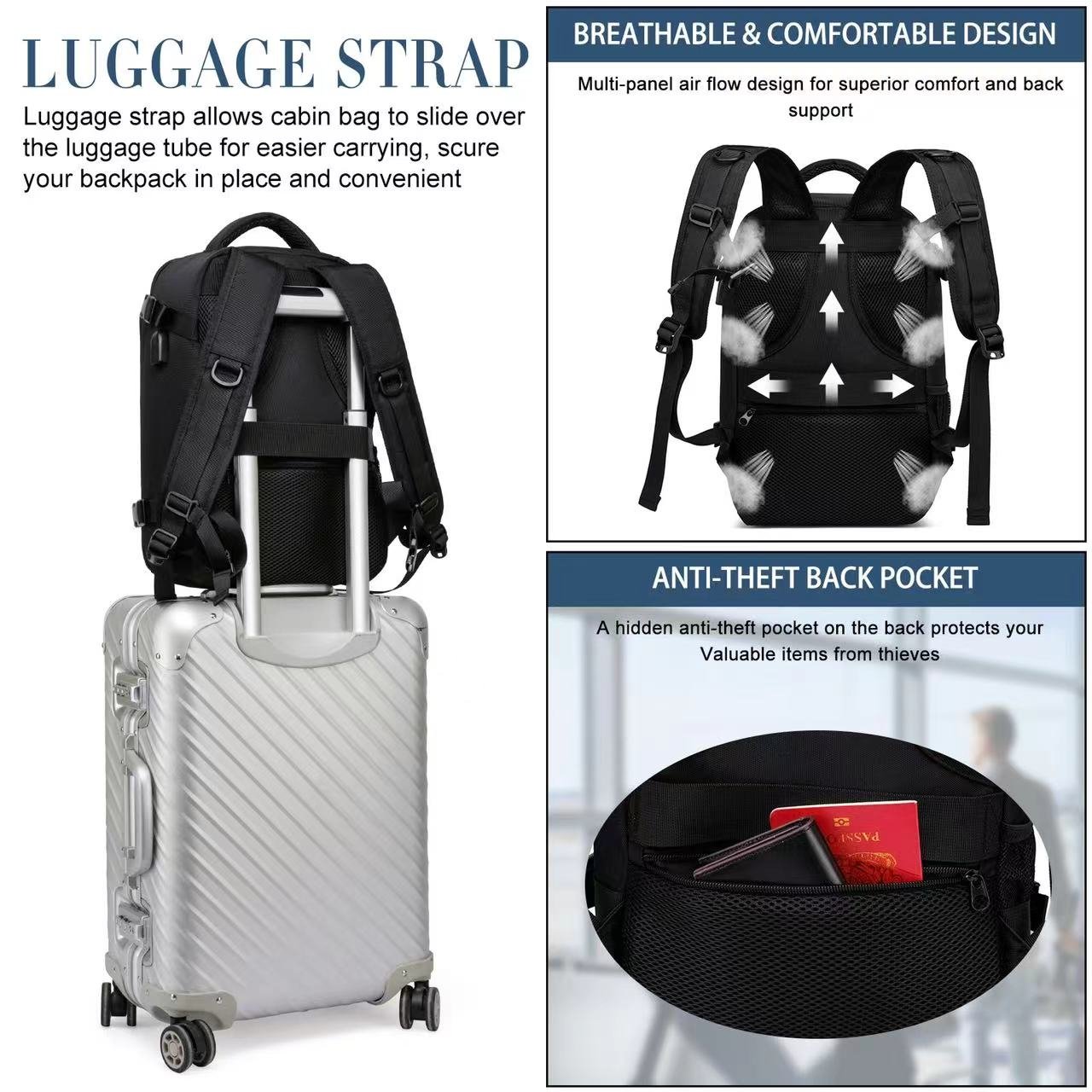 Luxury waterproof Business boarding backpack office work travel Laptop backpack with usb charging Port for women Men