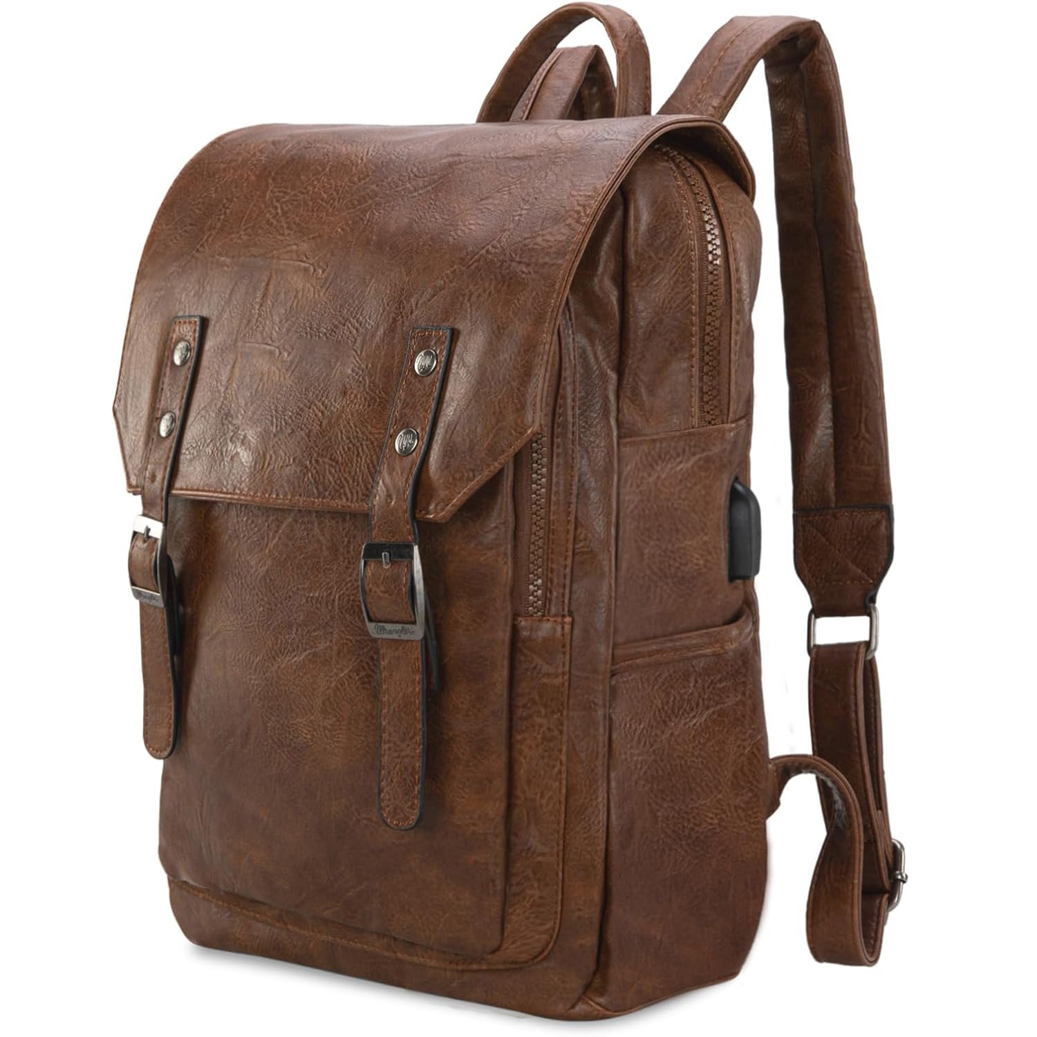 Wrangler Brown Vegan Leather Laptop Backpack for Women Men Unisex Fashion Backpack Purse