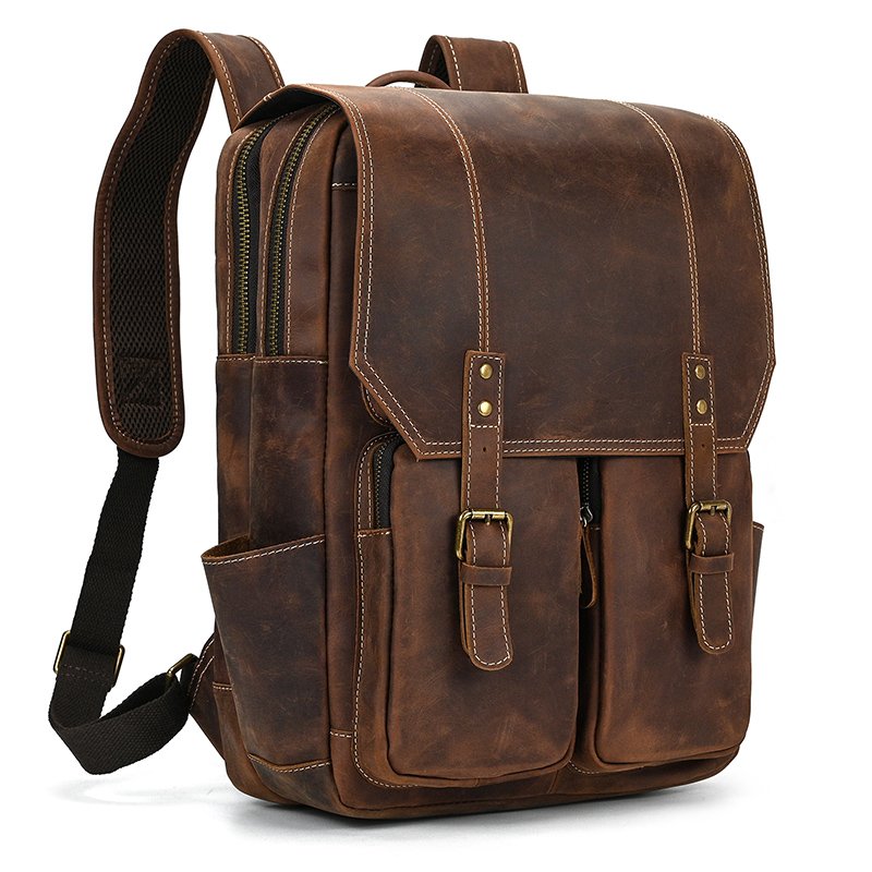 high capacity luxury travel computer school bag men leather outdoor vintage laptop backpack