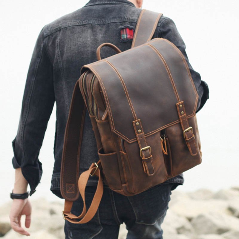 high capacity luxury travel computer school bag men leather outdoor vintage laptop backpack