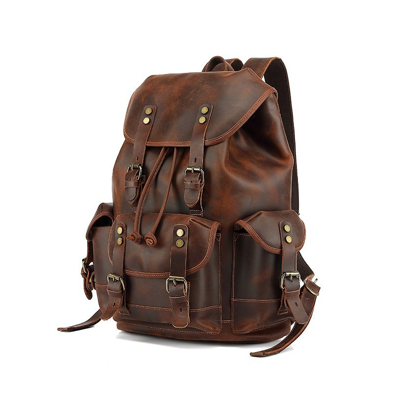 Vintage Crazy Horse Leather Laptop Backpacks Bag Men Hand Bag Casual Outdoor Travel Computer Backpack