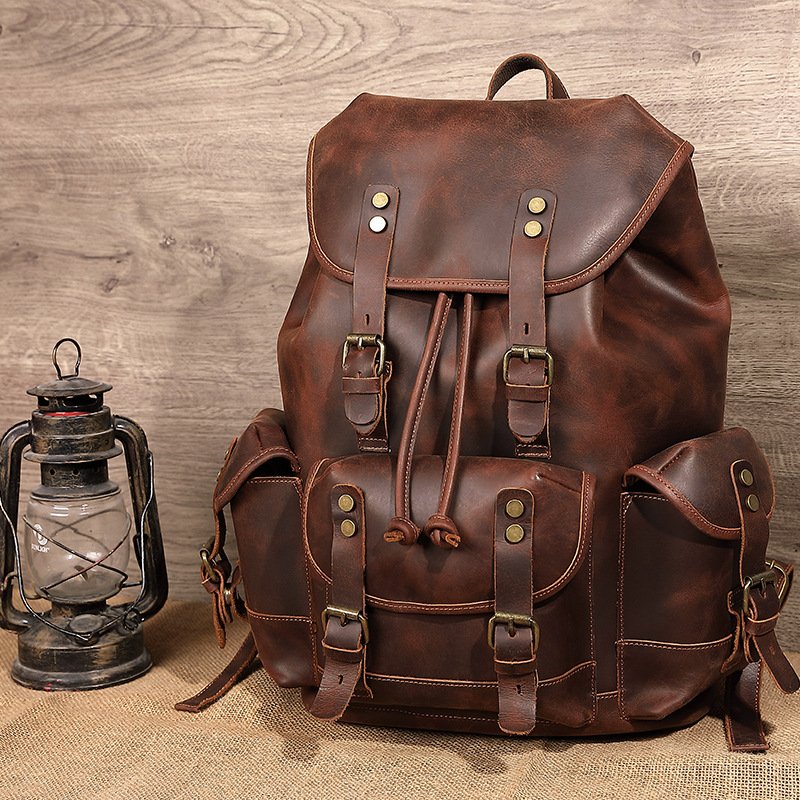 Vintage Crazy Horse Leather Laptop Backpacks Bag Men Hand Bag Casual Outdoor Travel Computer Backpack