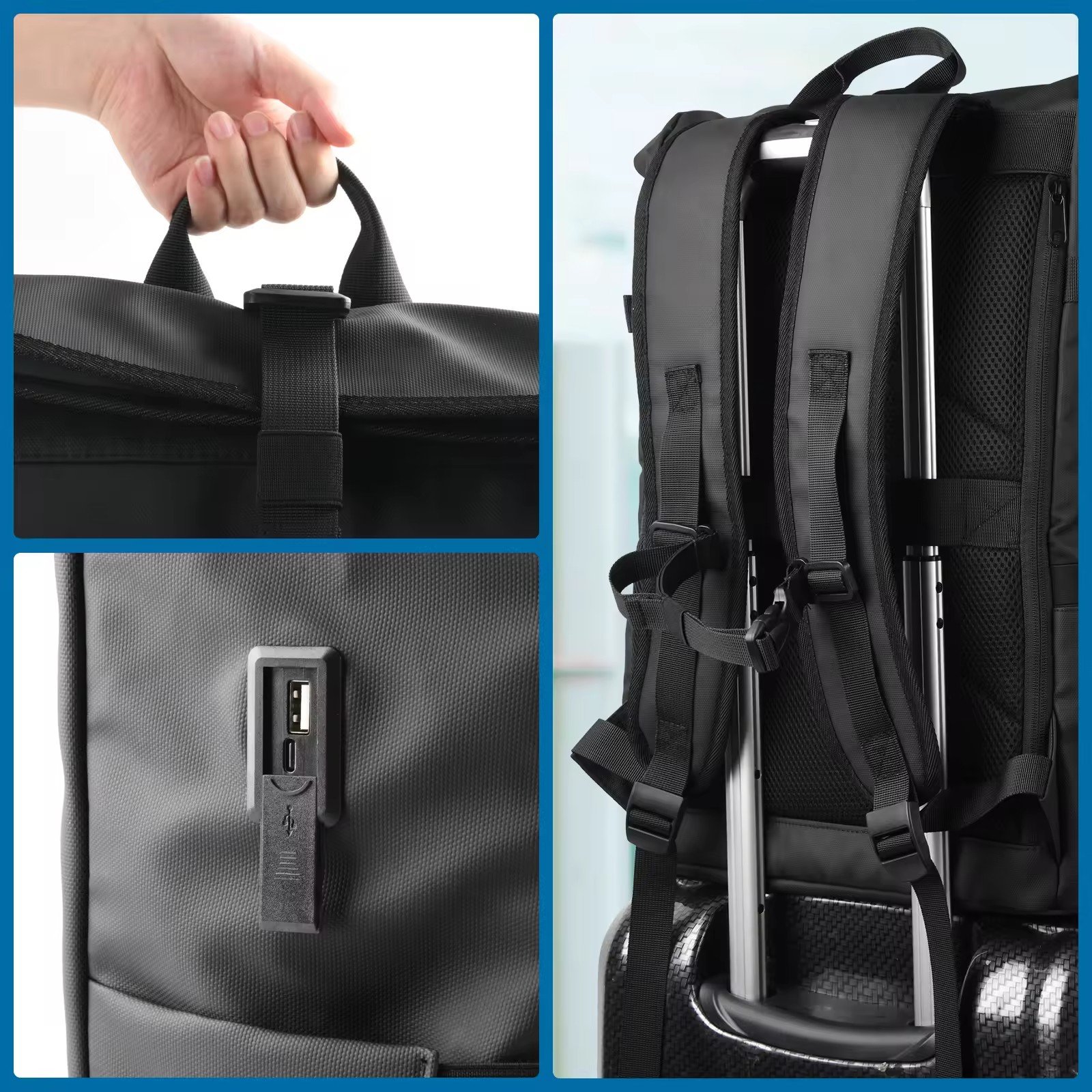 custom Roll Top backpack oxford leather rolltop laptop backpacks unisex minimalist USB capacity men rolling backpack