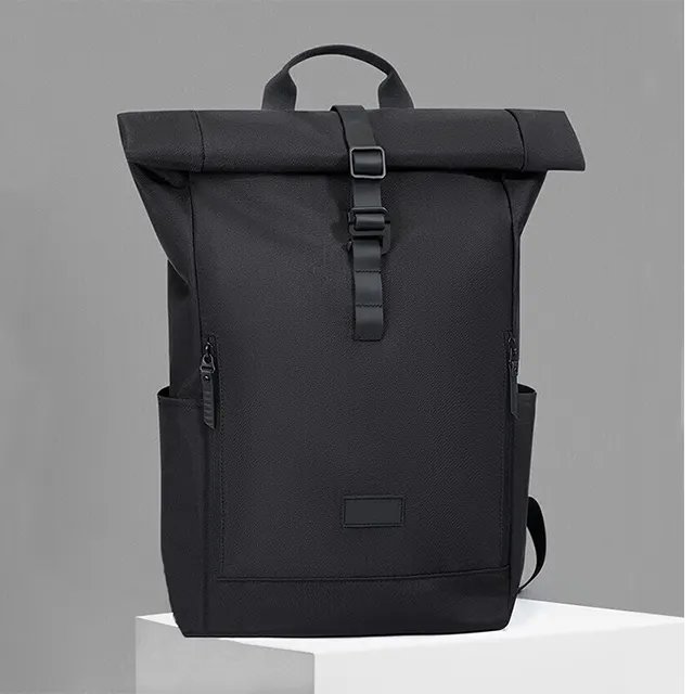 Custom waterproof roll top backpack black nylon rolltop laptop backpacks school bags unisex custom logo leather rolling backpack
