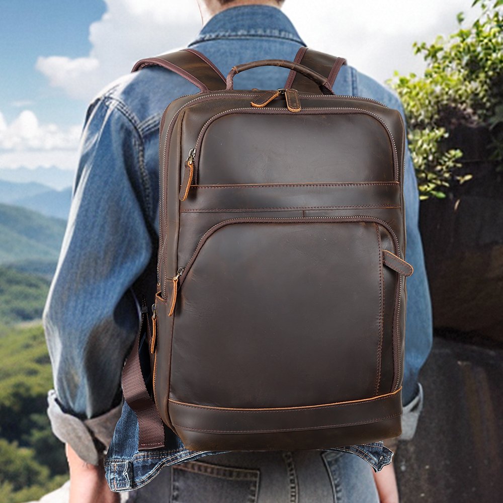 Factory Wholesale Genuine Full Grain Leather Men's Back Pack School Bag Vintage Outdoor Crazy Horse Cowhide Laptop Backpack