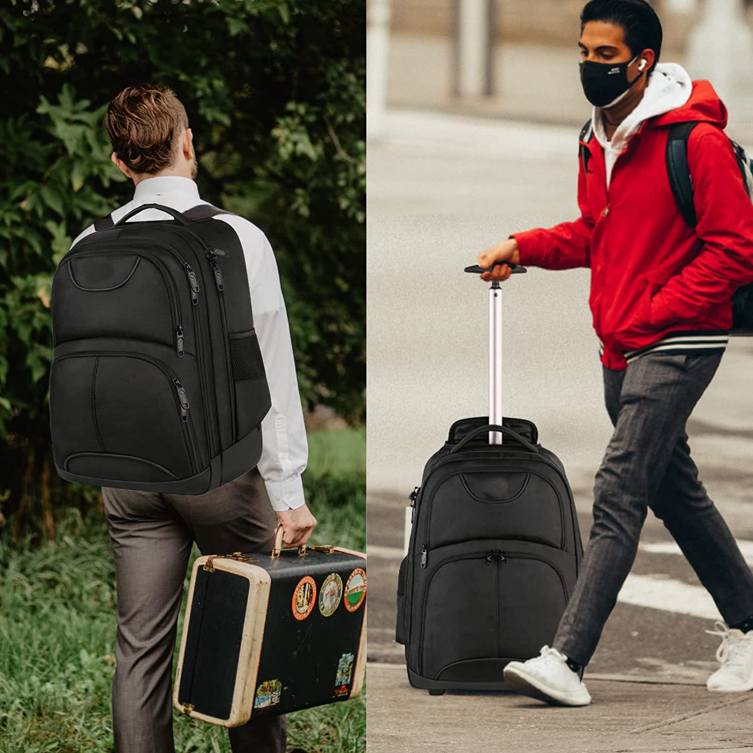 Water Resistant Wheeled Laptop Backpack Carry on Luggage Business Bag College Student Computer Bookbag Trolley Suitcase