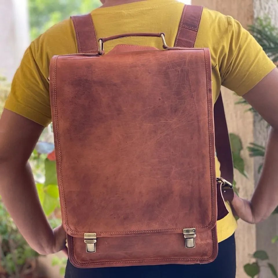 Vintage Genuine Leather Travel Backpack Bag Retro Full Grain Pull Up Leather Laptop Backpack Daypack Indian Style For Sale