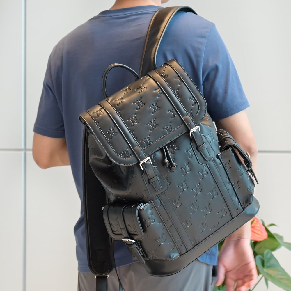 custom debossed pattern vegan PU faux leather fashion black mens business laptop travel bag backpacks for work