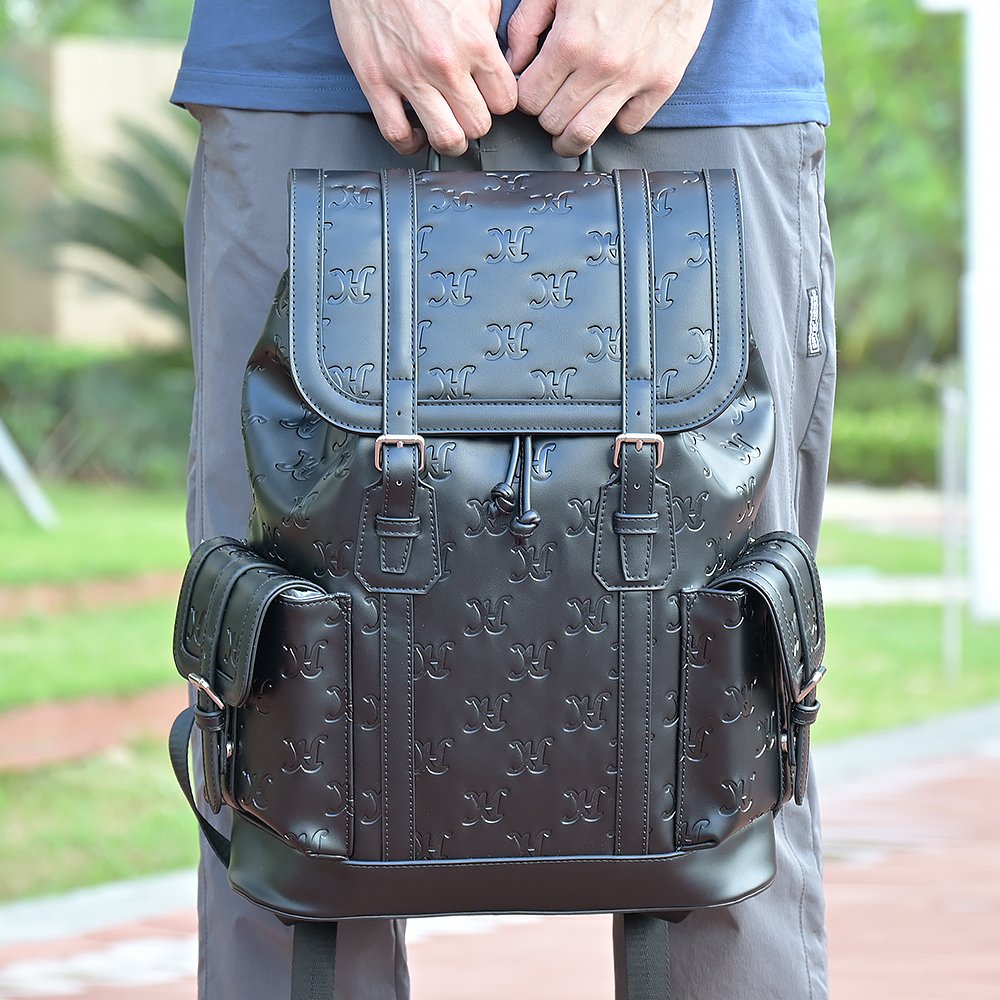 custom debossed pattern vegan PU faux leather fashion black mens business laptop travel bag backpacks for work