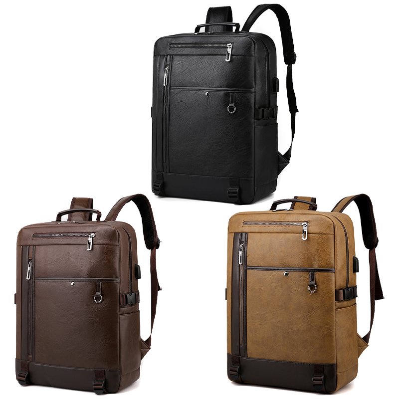 New England style 18 inches PU leather school business laptop backpack USB charging leather knapsack bag