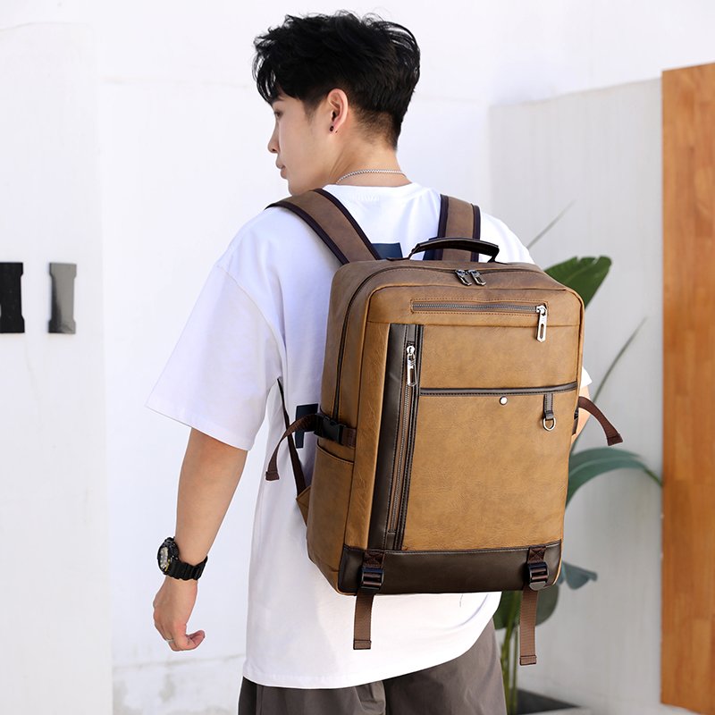 New England style 18 inches PU leather school business laptop backpack USB charging leather knapsack bag