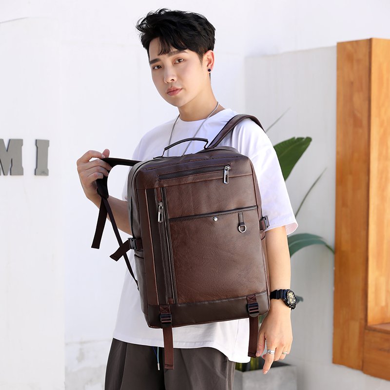 New England style 18 inches PU leather school business laptop backpack USB charging leather knapsack bag