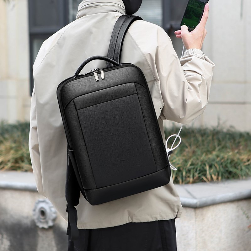 Men's 15.6 Inch Laptop Backpack Smart Travel USB Charging Work Bag Anti-Theft Features Large PU Leather Business Notebook