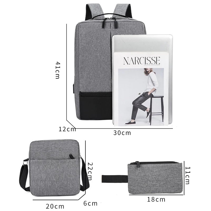 Trendy Unisex 3-pc Laptop Backpack Set With Usb Port Polyester Shoulder Bag Organizer For Business Travel School