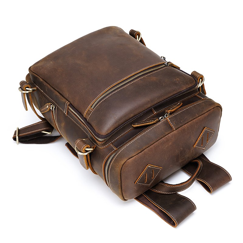 TIDING Vintage Custom Men Large Real Crazy Horse Leather Retro Laptop Backpack Genuine Leather Back Bag Travel Backpack