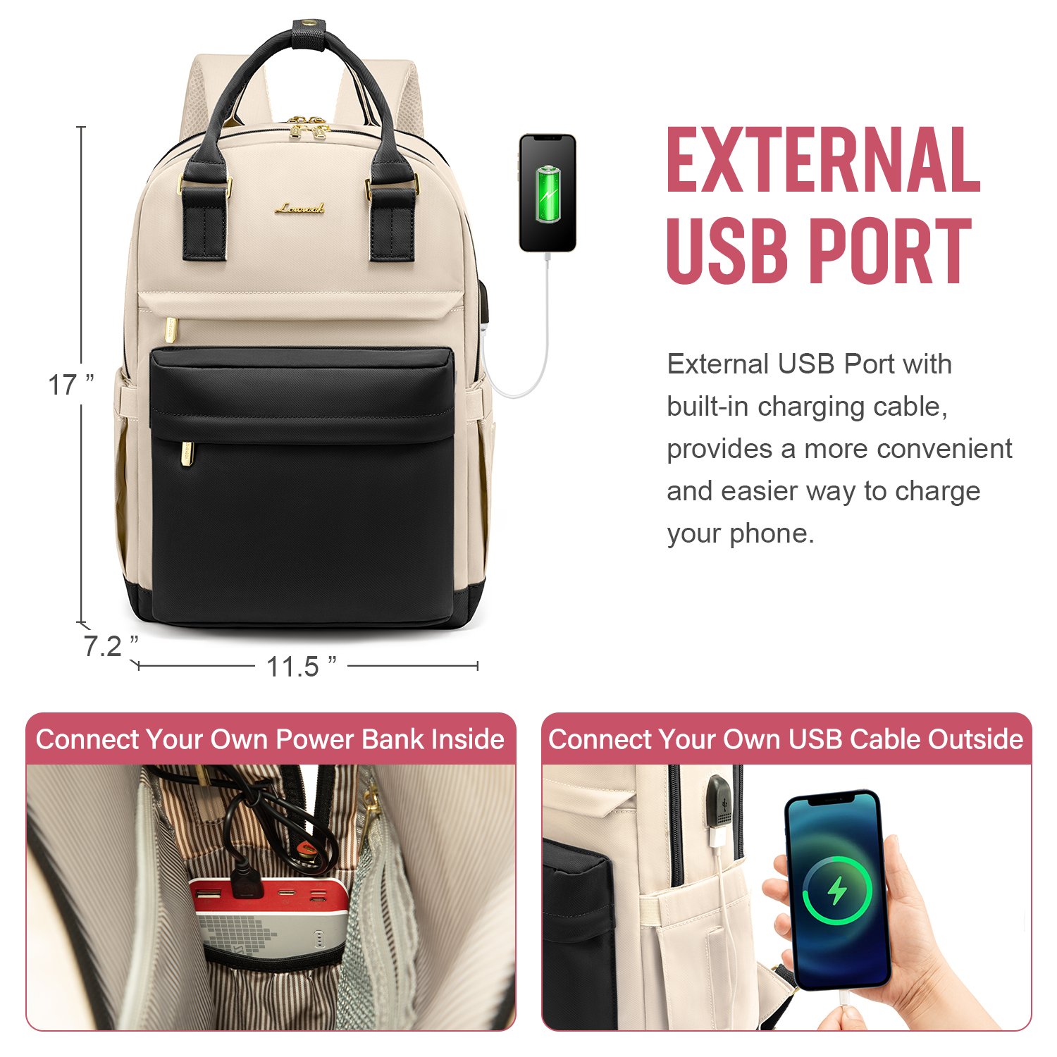 LOVEVOOK 14 15.6 17 Inch Student School Book Bags with USB Port Womens Fashion Casual Waterproof Laptop Backpack for Woman Girls