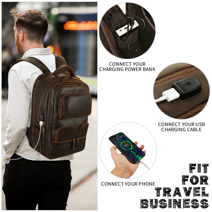 High Quality USB Cowhide Business Outdoor Waterproof Travel Custom Vintage Laptop Genuine Crazy Horse Leather Backpack For Men