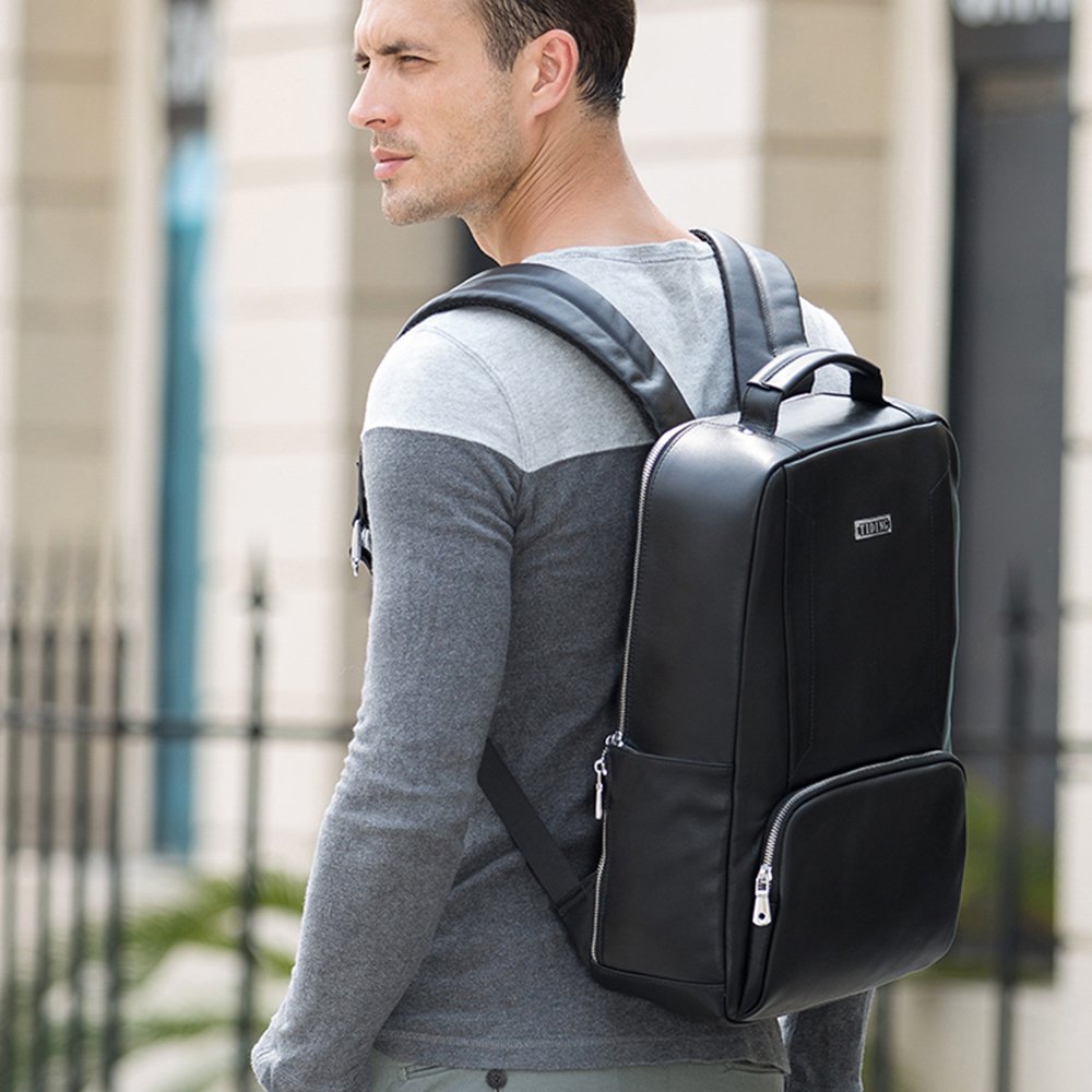 Custom Customization Black Top Grain Genuine Leather Modern Mens Sport Laptop Bag With Usb Charging Port Cowhide Backpack