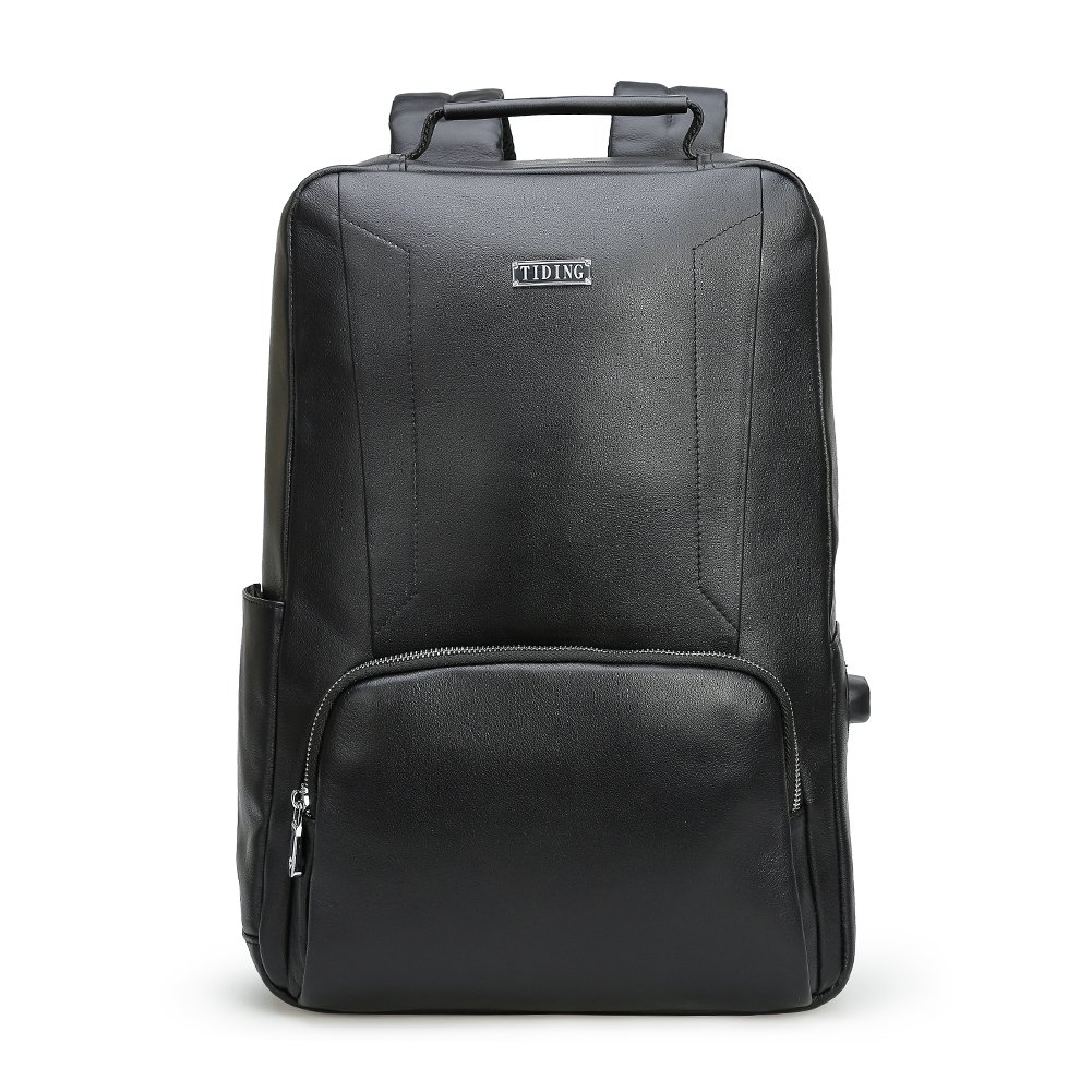 Custom Customization Black Top Grain Genuine Leather Modern Mens Sport Laptop Bag With Usb Charging Port Cowhide Backpack