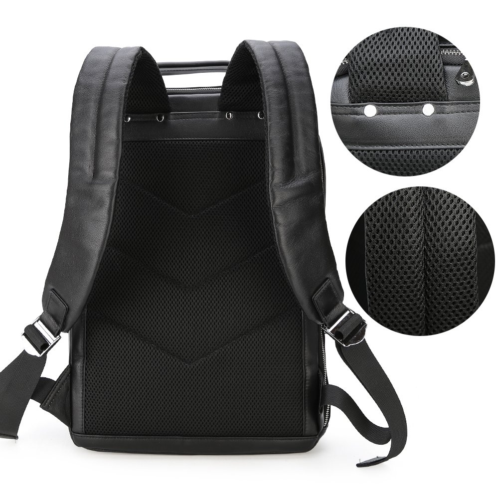 Custom Customization Black Top Grain Genuine Leather Modern Mens Sport Laptop Bag With Usb Charging Port Cowhide Backpack