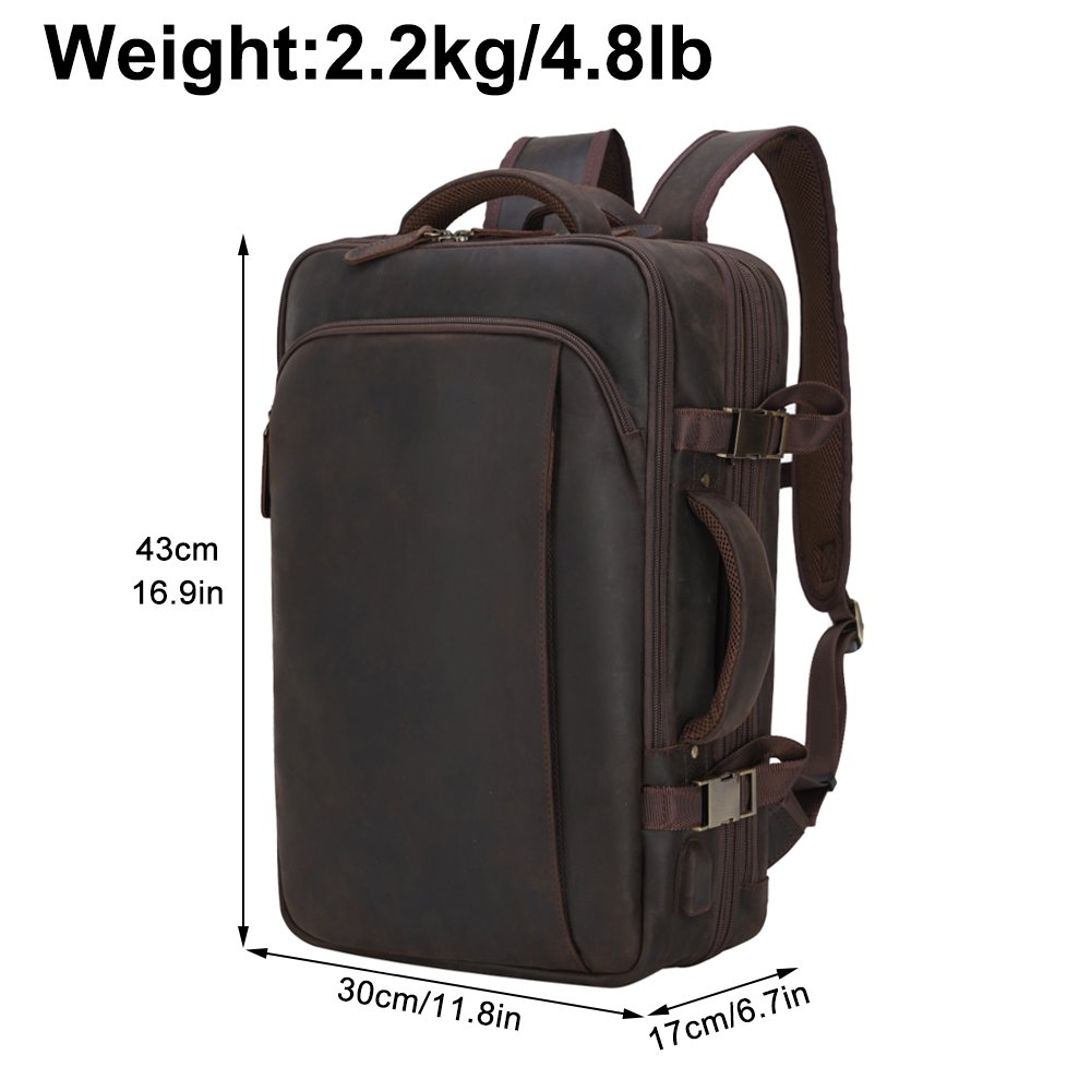 2024 Tiding New Design Vintage Brown Business Big Expand Capacity Buffalo Cow Cowhide Crazy Horse Leather Travel Backpack